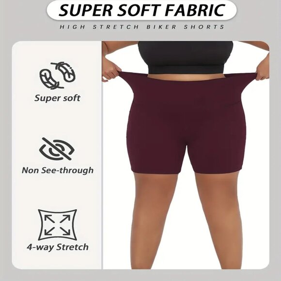 Women Buttery 1X-3X High Waisted Yoga Bike shorts w/pockets 6" Inseam Burgundy - Picture 5 of 6